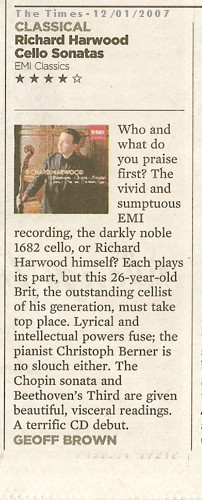 Richard Harwood - Cello Sonatas - The Times  - review from 12/01/2007